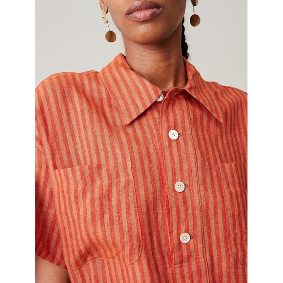 Caron Callahan | Striped Linen Henley Relaxed Midi Shirt Dress - Picture 2 of 16